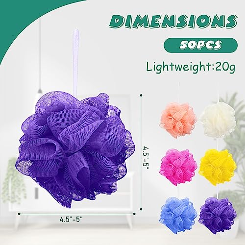 50 Pieces Bath Sponge Shower Loofahs Bulk Bath Luffas Exfoliating Body Scrubber Pack Colorful Mesh Balls Travel Cleaning Wash Puff Bathing Accessories for Kids Women Men Body Wash, 6 Colors