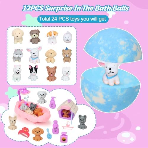 Bath Bombs for Kids with Toys Inside for Girls Boys, 12 Pack Kids Bath Bombs with Surprise Dog Pretend Playset, Handmade Bubble Bath Fizzies Birthday Christmas Gift Set
