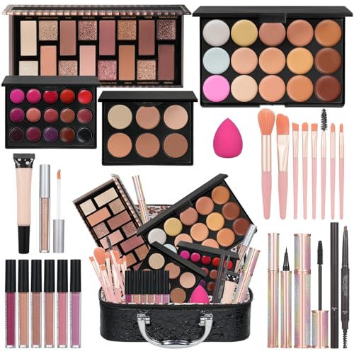 Makeup Kit For Girls Gift, Make up Kit For Women Full Kit Includes Sponge Eyeshadow Liquid Lipstick Concealer Eyeliner Eyebrow Makeup Bag