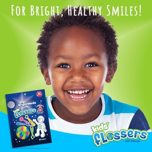 BrightWorks Kids Fun Space Flossers, Mixed Berry Flavor Fluoride [240 Floss Picks Total] Colorful Space Shapes: Astronaut, Rocketship, UFO, Earth. 100% Recycled Plastic Material. 80 Count (Pack of 3)