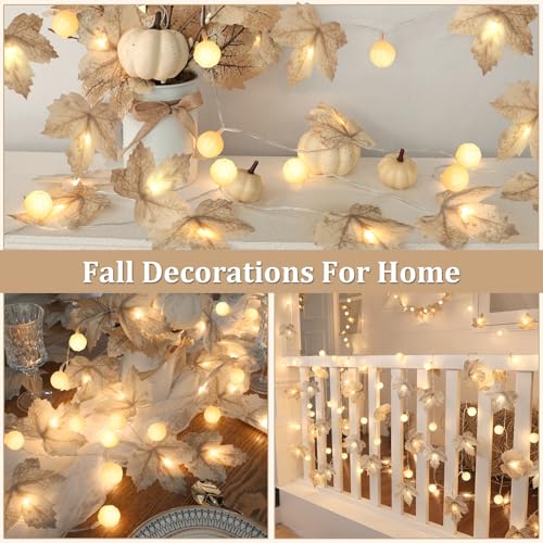 3 Pack 60 LED Fall Decor Garland with 3D Pumpkin Lights Enlarged Maples Leaf 3×10Ft 2-Mode Battery Operated String Light Autumn Fall Decorations for Home Porch Table Centerpiece Mantle Indoor Outdoor
