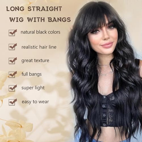 Black Wig with Bangs for Women Long Black Wavy Wigs 26 Inch Natural Black Wigs Natural Looking Heat Resistant Synthetic Wig for Daily Party Use