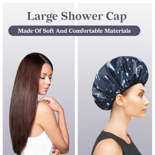 Blue Butterfly Print Satin Shower Cap, Three-Layer Terry Cloth Lined, with Silk Hair Ties, Microfiber Waterproof Reusable Large Size Shower Cap for Women Long Thick Hair