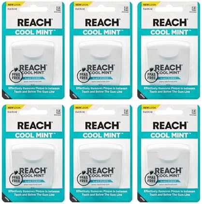 REACH Cool Mint Dental Floss, Fresh Mint, Plaque Remover for Teeth, Shred Resistant, Waxed, Easy on Gums & Teeth, Fresh Breath, Oral Care, PFAS Free, for Adults & Kids, 6 Pack, 55 yd