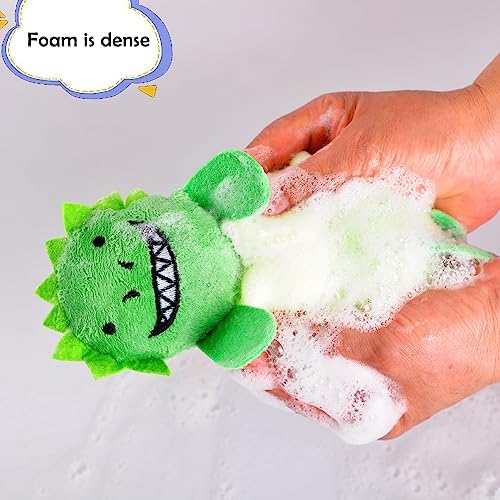 2 Pack Fun Bubble Bath Kid Loofahs, Cute Animal Loofah Bath Sponge, Shower Puffs Body Scrubber, Fun Bath Sponges - Shark and Dinosaur