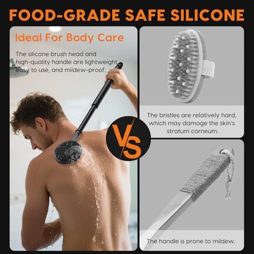 VWMYQ Silicone Back Scrubber for Shower, 24in Adjustable Handle Body Brush, Double Sided Shower Brush for Shower Exfoliating and Massage Can Produce Rich Foam, Long Handle Back Scrubber for Men