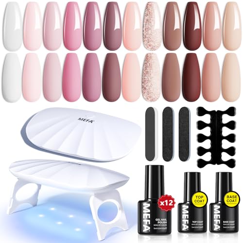 MEFA 19 Pcs Gel Nail Polish Kit with U V Light, 12 Colors All Seasons Nude Milky White Soak Off Gel Polish Nail Set with Base Top Coat Essential Manicure Tools Beginners Salon Nails DIY Art