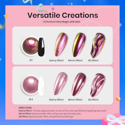 Beetles Metallic Chrome Nail Powder Kit Black White Colors Gel Polish Mirror Effect Holographic Metallic Nail Polish Chrome Manicure Art Decoration Glitter Nail Powder for Women