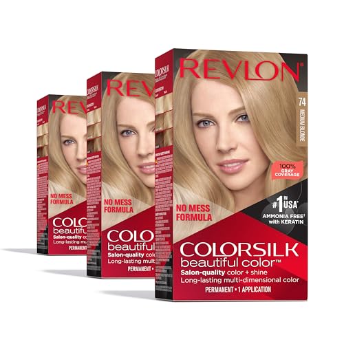 Revlon ColorSilk Permanent Hair Color, 100% Gray Coverage Dye Kit, Ammonia-Free, Keratin and Amino Acids, Blonde Shades, 74 Medium Blonde (Pack of 3)