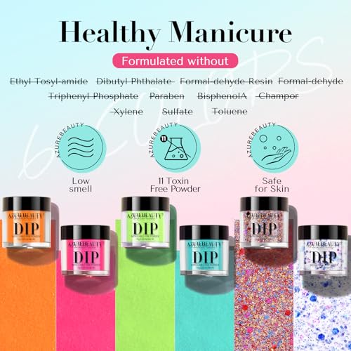 AZUREBEAUTY Orange Fluorescent Blue Green Dip Powder Nail Set, 6 Spring Summer Colors Dipping Starter Kit French Art Manicure DIY Mother's Gift for Women, No Need Lamp Cured