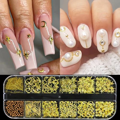 6 Boxs of Nail Charms Rhinestones Kit with 30 Sheets of Nail Art Gold Stickers Gold Sliver Nail Beads Pearls Gems with 1 Heart Nail Embossed Molds, 1 Tweezers and 1 Wax Pen for Nail Supplies