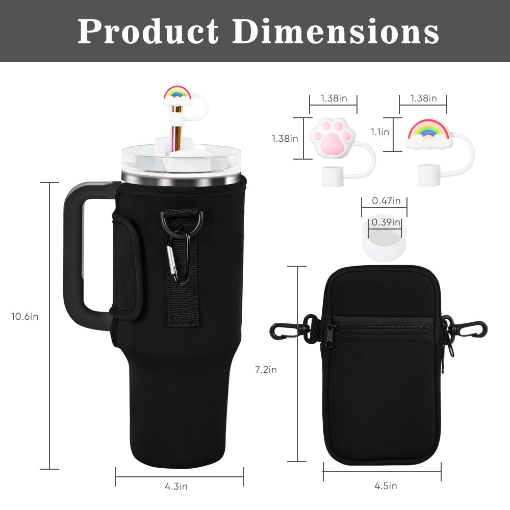 3 in 1 Water Bottle Carrier Bag with Pouch Pocket fits Stanley 40 oz Tumbler, Water Bottle Holder with Strap for Stanley Cup Accessories with Stainless Steel Straws, Straw Cover, Spill Proof Stoppers