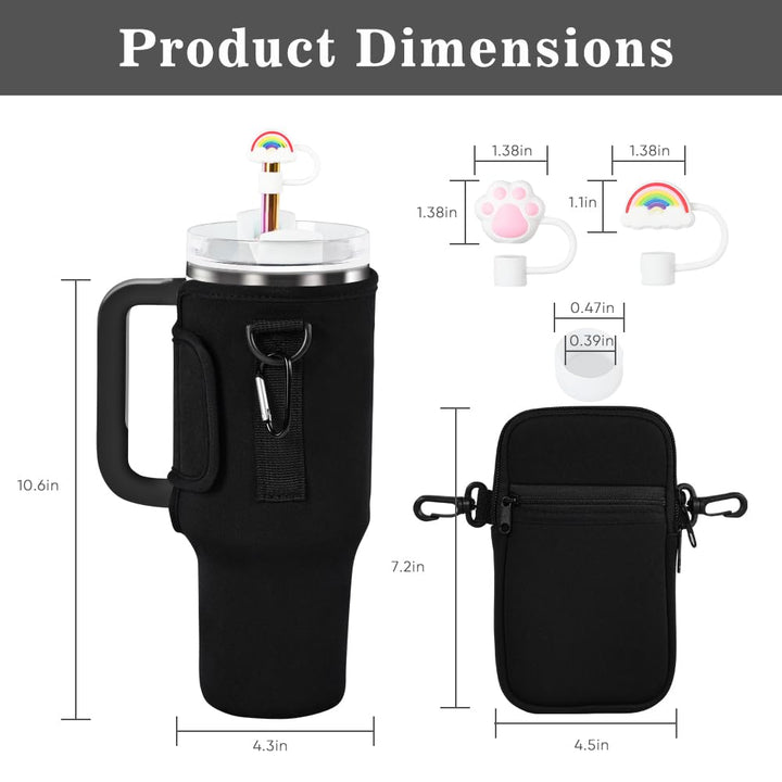 3 in 1 Water Bottle Carrier Bag with Pouch Pocket fits Stanley 40 oz Tumbler, Water Bottle Holder with Strap for Stanley Cup Accessories with Stainless Steel Straws, Straw Cover, Spill Proof Stoppers