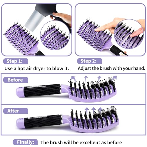 Boar Bristle Hair Brush Set of 2, HIPPIH Wet & Dry Hair Brushes Made by Fine Natural Boar Hair Can Adds Shine and Smoothing, Detangling Hairbrush for Women, Men & Kids' Long Curly Thick Hair