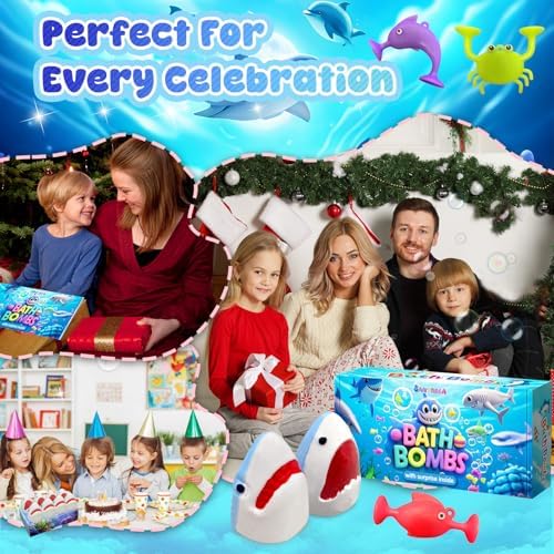 Shark Bath Bombs for Kids, 8 Surprise Bath Bombs with Sea Aninmals Inside & 4 Suction Cup Toys Outside, Natural Handmade Bubble Bath Ball Gift for Boys Girls Birthday Christmas