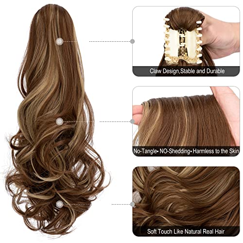 Claw Clip Ponytail Extension 18" Clip in Wavy Ponytail Hair Extensions Long Pony Tails for Women Extensions Ash Blonde Mix Light Brown Wave Hairpiece
