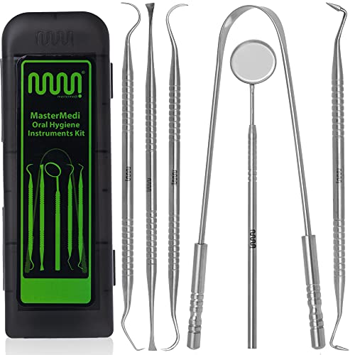 6 Pack Dental Tools Teeth Cleaning Kit, Plaque Tartar Remover for Teeth and Oral Care for Adults, Kids and Pets, Includes Tongue Scraper, Mirror, Probe, 100% Stainless Steel Dental Kit with Case