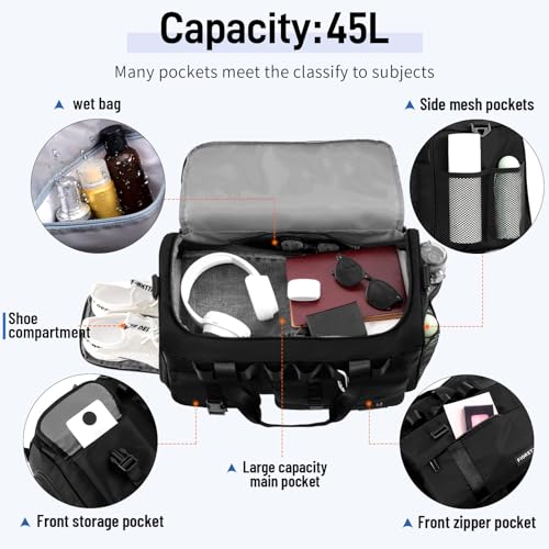 FIORETTO Women's Men's Water-Resistant Gym Duffle Bag with Shoes Compartment, 45L Capacity, Multi-Functional, Ideal for Travel, Gym, Sports, Weekender, Black