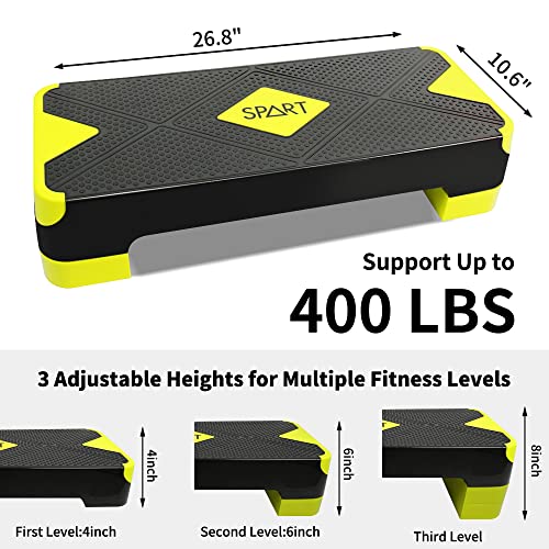 SPART Adjustable Workout Aerobic Stepper, Aerobic Exercise Step Platform with 4 Risers, 3 Levels Adjust 4" - 6" - 8", 26.77" Trainer Stepper with Non-Slip Surface For Home Gym, Black-Fluorescent Green