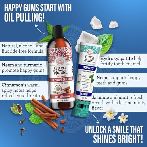 GuruNanda Gum Hygiene Makeover Kit with Ashwagandha & Cocomint (Travel Size) Oil Pulling, Neem Toothpaste, Breath Harmonizer Mouthwash, 2-in-1 Floss Picks & Whitening Toothbrushes
