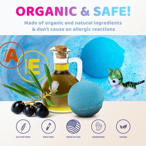 Made in USA 6 Bath Bombs for Kids Set with Cat Toys Surprise Inside for Kids - Surprise Cute Cats Inside Each Fizzy Bath Ball - Natural and Safe for Girls, Boys, Teens - Perfect for Gift - Handmade