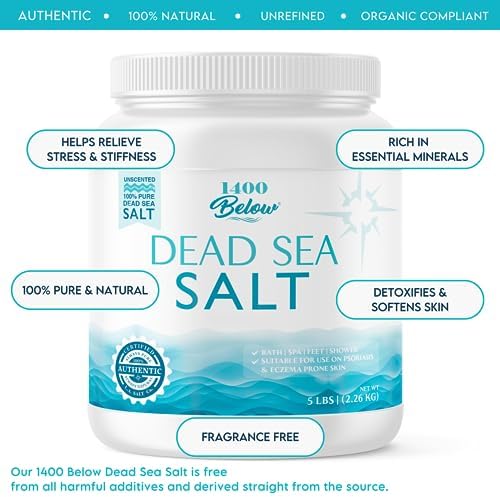 1400 Below 5 Lbs Jar Dead Sea Salt, Fine Grain - Foot and Spa Bath Soak, Exfoliating Body Scrub, 100% Pure and Mineral-Rich, Highest Mineral Content – Natural Muscle Tension Relief