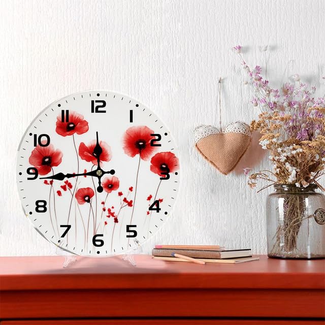 Geroclonup Home Decor Red Flower Wall Clock Hello Spring 25cm Round Wall Clocks Battery Operated Silent Shabby Chic Wall Decor Home Decor for Living Room Kitchen Bedroom Office