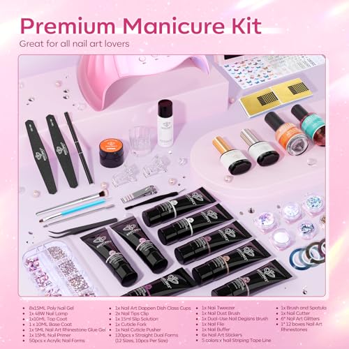 Modelones Poly Nail Gel Kit 8 Rosy Pink Colors with 48W U V/LED Lamp Poly Extension Gel Complete Nail Art Tools Professional Starter Manicure Kit Supplies Rhinestone Glitters Beauty Gift DIY at Home