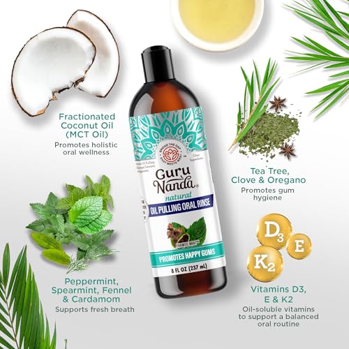 GuruNanda CocoMint Oil Pulling Mouthwash for Complete Oral Hygiene, 7 Essential Oils & Vitamins for Happy Teeth & Gums & Fresh Breath , Alcohol-Free, 8 oz