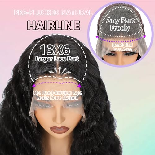 13X6 HD Lace Front Wig,30Inch Glueless Loose Deep Wave Wig Natural Black.Synthetic Lace Front Wigs Human Hair Touch,Vogue Highlight Technology-Premium Fiber & Human Hair Blended.