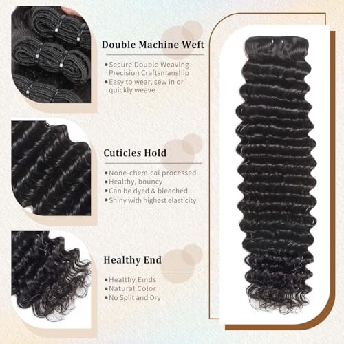 12A Deep Wave Human Hair Bundles 22 24 26 Inch Brazilian Virgin Depp Weave Curly Bundles Human Hair 3 Pcs 100% Unprocessed Virgin Remy Hair Natural Black Water Wave Human Hair Extensions