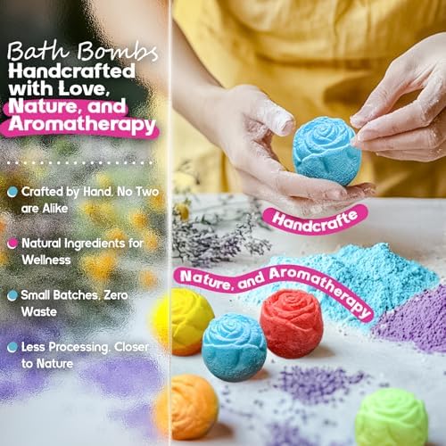 30 Rose-Shaped Bath Bombs – Handmade with Natural Ingredients, 6 Calming Scents, Relaxing Spa Gifts for Women, Men, Teens & Kids – Self Care Gifts for Summer & Birthdays