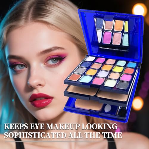 Eyeshadow Lipstick Blusher Makeup Box 20 Color Eyeshadow Palette 5 Lipstick 5 Blusher Set Full Face Makeup Kit with Cosmetic Mirror,Blush, Highlighter, Brushes & Sponge Personal Makeup Set
