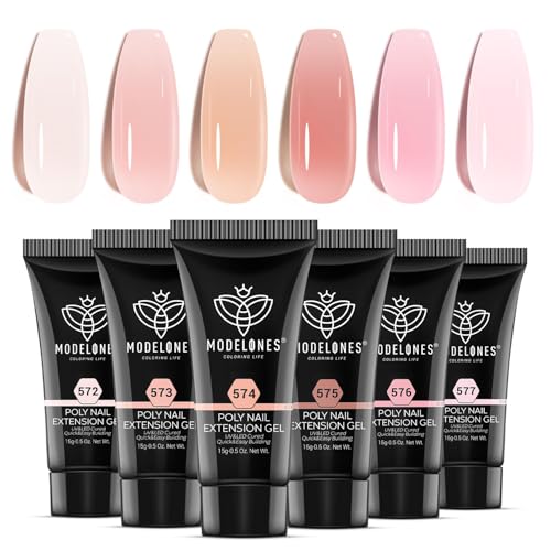 modelones Poly Gel Set 6 Colors Jelly Gel Milky White Sheer Pink Nude Translucent Nail Extension Kit DIY Art for Women