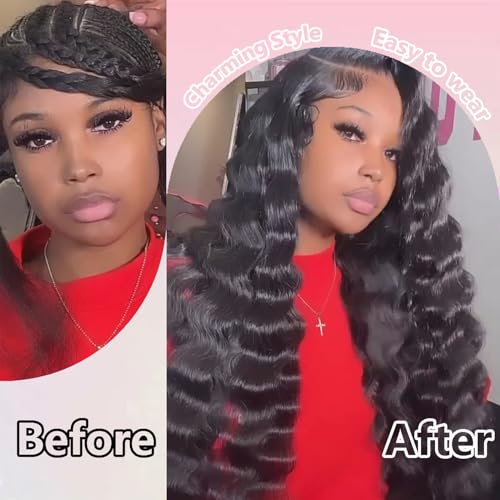 13X6 HD Lace Front Wig,30Inch Glueless Loose Deep Wave Wig Natural Black.Synthetic Lace Front Wigs Human Hair Touch,Vogue Highlight Technology-Premium Fiber & Human Hair Blended.