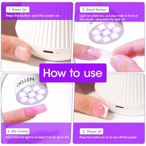 Gellen Gooseneck U V Lamp for Gel Nails, Rechargeable Flash Cure Lamp, 365+405nm 24W Nail UV Light, Smart Sensor Cordless Mini U V Light for Nail Art