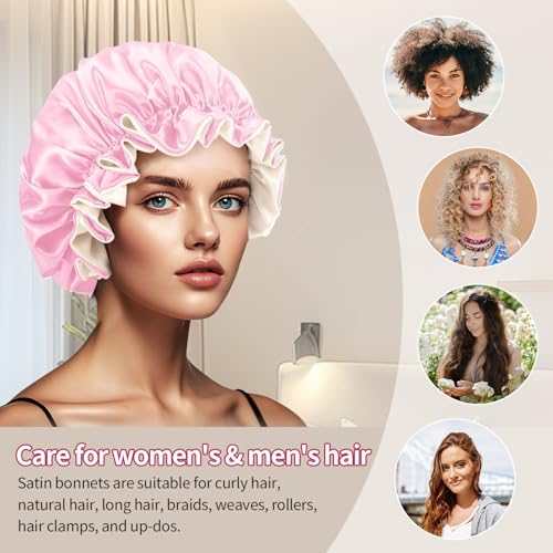 2Pcs Silk Bonnet for Sleeping Women - Reversible Double Layer Satin Bonnet with Adjustable Elastic Band, Night Hair Protection for Curly, Natural & Long Hair Black Pink Black Pink