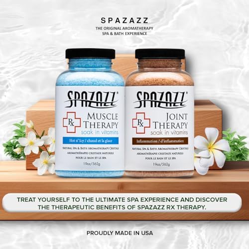 Spazazz Hot Tub Aromatherapy Spa and Bath Salts Crystals 2 Pack Bundle- One 19 Oz Jar Each Spazazz Muscle Therapy and Joint Therapy Plus a 5 Point Massager- Safe for All Spa and Hot Tub