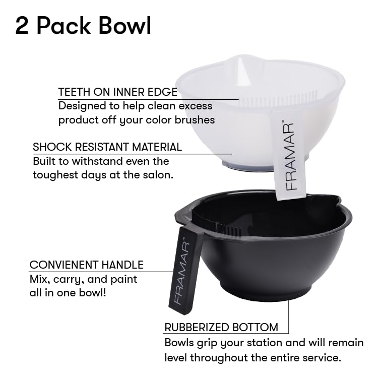 FRAMAR Color Bowl with Cleaner Set – Color Bowls For Hairstylist, Hair Dye Bowl With Brush Cleaner and Rubberized Bottom, Salon Supplies, Salon Essentials – 2 Pack