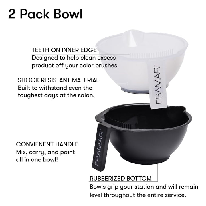 FRAMAR Color Bowl with Cleaner Set – Color Bowls For Hairstylist, Hair Dye Bowl With Brush Cleaner and Rubberized Bottom, Salon Supplies, Salon Essentials – 2 Pack