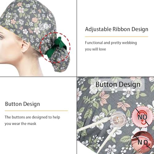 6Pcs Satin Lined Scrub Caps Women, Adjustable Surgical Caps for Women, Nurse Caps for Women Men with Button and Sweatband