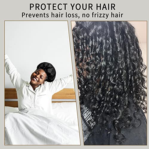 22 Momme 100% Mulberry Silk Bonnet Hair Wrap for Sleeping, Adjustable Silk Scrunchies Sleep Cap for Women Men Hair Care, Head Scarf Night Caps with Elastic Stay On Head, 1Pc(Black,Black)