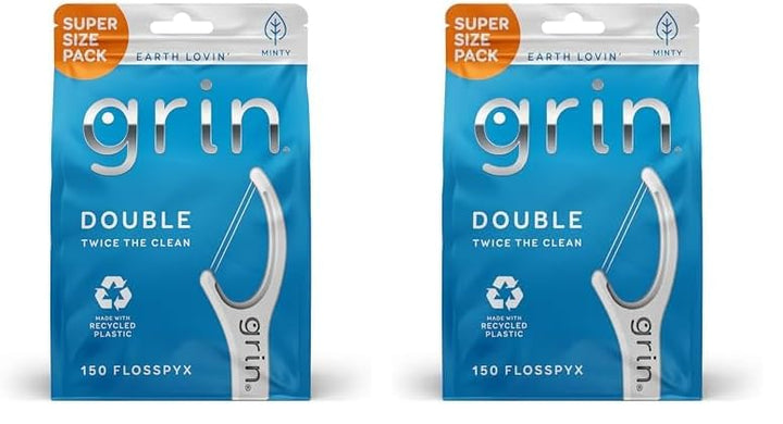 GRIN Double Flosspyx, Floss Picks, 150 ct, Dental Flossers, Minty Flavor, Recycled Plastic, 2 Lines of Strong Floss, Longer Floss Head, Traps Food and Plaque, Includes Safe Soft Fold-Back Tooth Pick