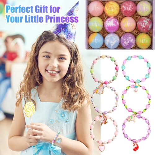 Unicorn Bath Bombs for Kids Girls with Toys Surprise Jewelry Inside, 12pcs Kids Bath Bombs Gift Set, Handmade Bubble Bath Fizzes Bomb for Birthday Christmas Easter Present