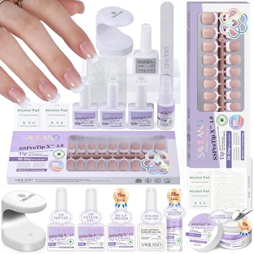 SAVILAND French Gel Nail Kit: Long-lasting Extra Short Square Press On Nails for Women Thick & Perfect Nude French Gels Tips Chip-Free Sturdy-Fit Solid Nail Glue Gel U V/LED Lamp Nail Supplies