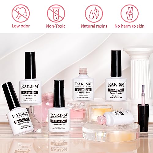 RARJSM Nude Rubber Base Gel Nail Polish Set Clear Sheer Milky White Opaque Pink Builder Base Gel in a Bottle Hard Extension Gel Skin Tone 6 Netural Colors Cured for Nails at Home Salon DIY Beginner