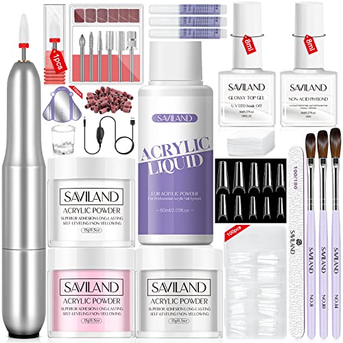 SAVILAND Acrylic Nail Kit with Drill: 15g White Pink Clear Acrylic Powder and Liquid Set with False Tips Nail Forms Brushes Primer Top Gel Manicure Tools Kit with Everything for Beginners Home DIY