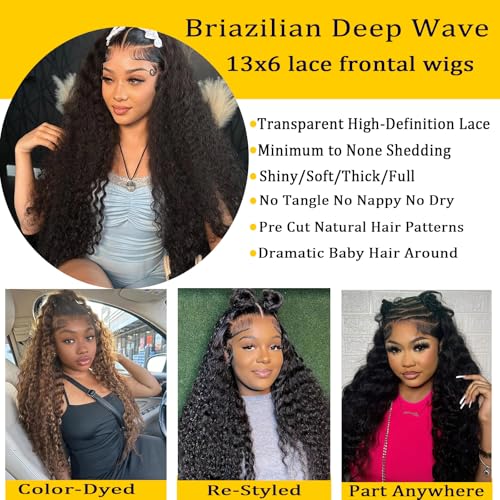 30 Inch Deep Wave Lace Front Wigs Human Hair 200% Density 13X6 HD Transparent Deep Curly Wigs 100% Real Human Hair Natural Color