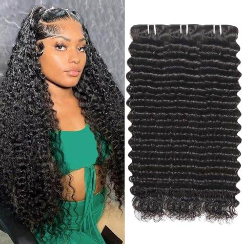 12A Deep Wave Human Hair Bundles 16 18 20 Inch Curly Bundles Human Hair 100% Unprocessed 3 Bundle Brazilian Virgin Human Hair Extensions Quick Weave Natural Black Color