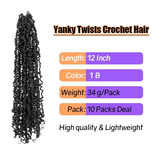 12 Inch 10 Packs Yanky Twist Crochet Hair Pre-twisted Natural Black Kinky Mini Spring Twist Small Curly Senegalese Twist Braids (1B)